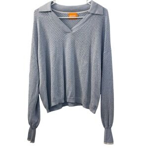 WISPR Light Blue Cotton Silk Pointelle Knit Polo Star Shine Sweater Small